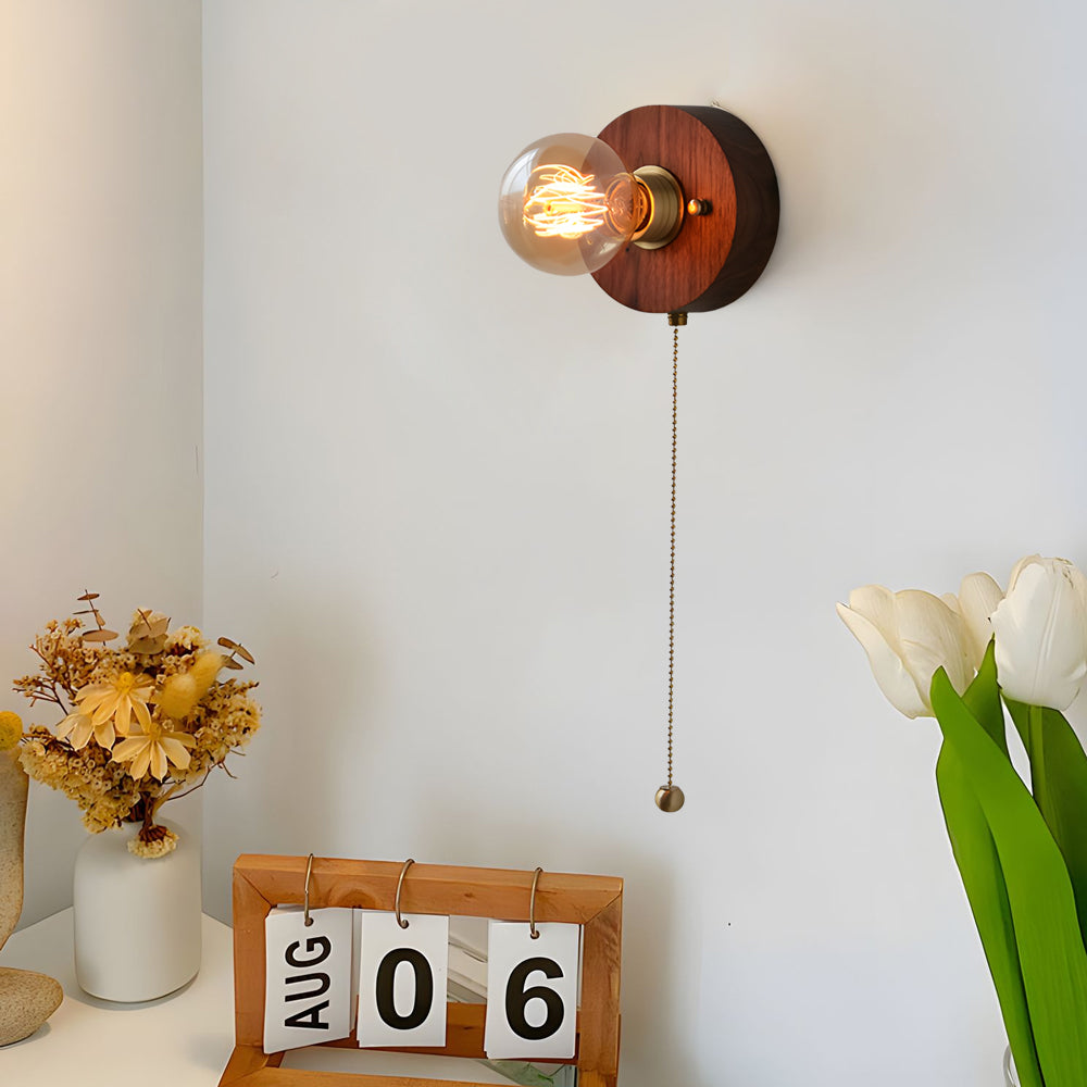 Round/Square Vintage Walnut Wood Wall Lamp 1-light with Pull Chain Switch | Noxord