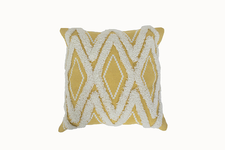 Decorative cushion cover with hand-tufted diamond relief and soft bouclé application