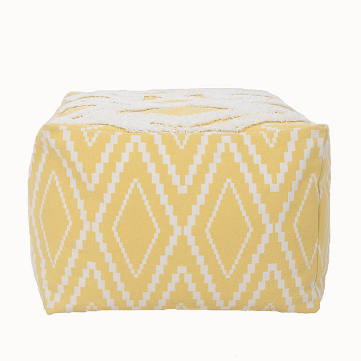 Cubical seat pouf made of woven cotton blend with ethnic diamond pattern Kalsten