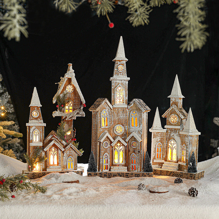 Illuminated wooden snow house in European style