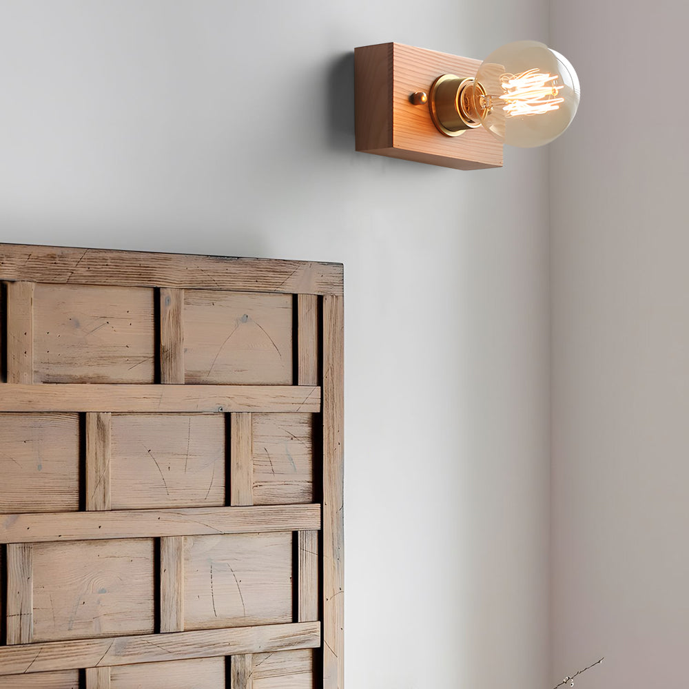 Round/Square Vintage Walnut Wood Wall Lamp 1-light with Pull Chain Switch | Noxord