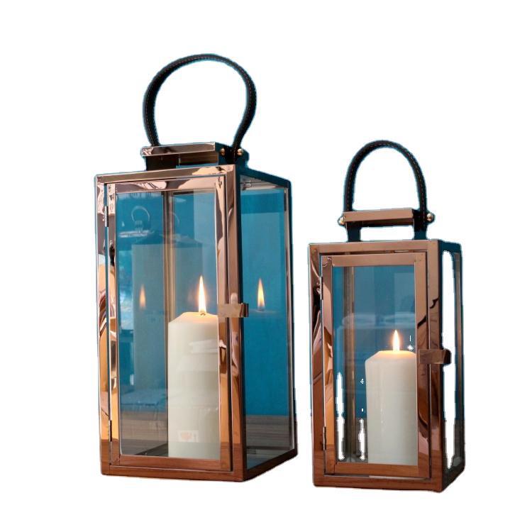 Rectangular Glass Candle Lanterns with Polished Metal Frame and Faux Leather Handle Set Kalsten
