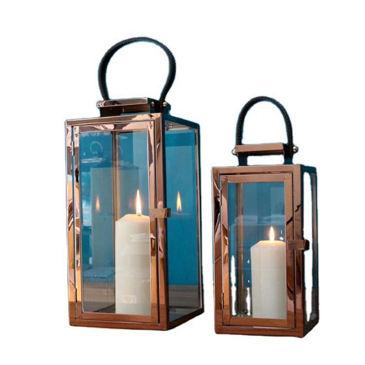 Rectangular Glass Candle Lanterns with Polished Metal Frame and Faux Leather Handle Set Kalsten
