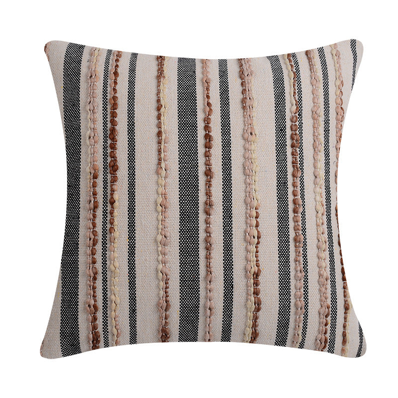 Decorative square cushion cover made of cotton-linen with tufted stripes and bouclé accents