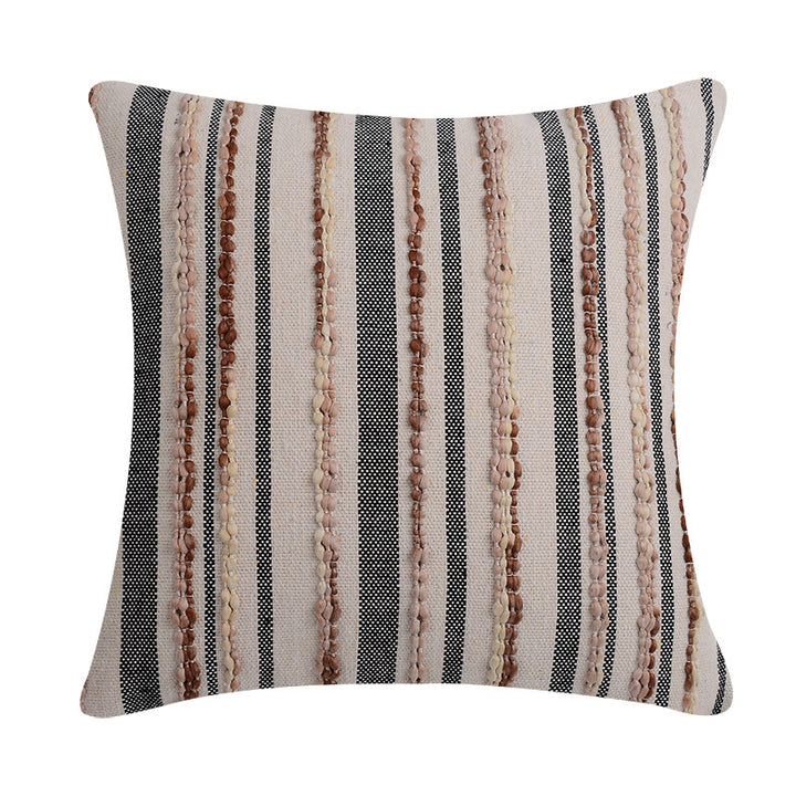 Decorative square cushion cover made of cotton-linen with tufted stripes and bouclé accents