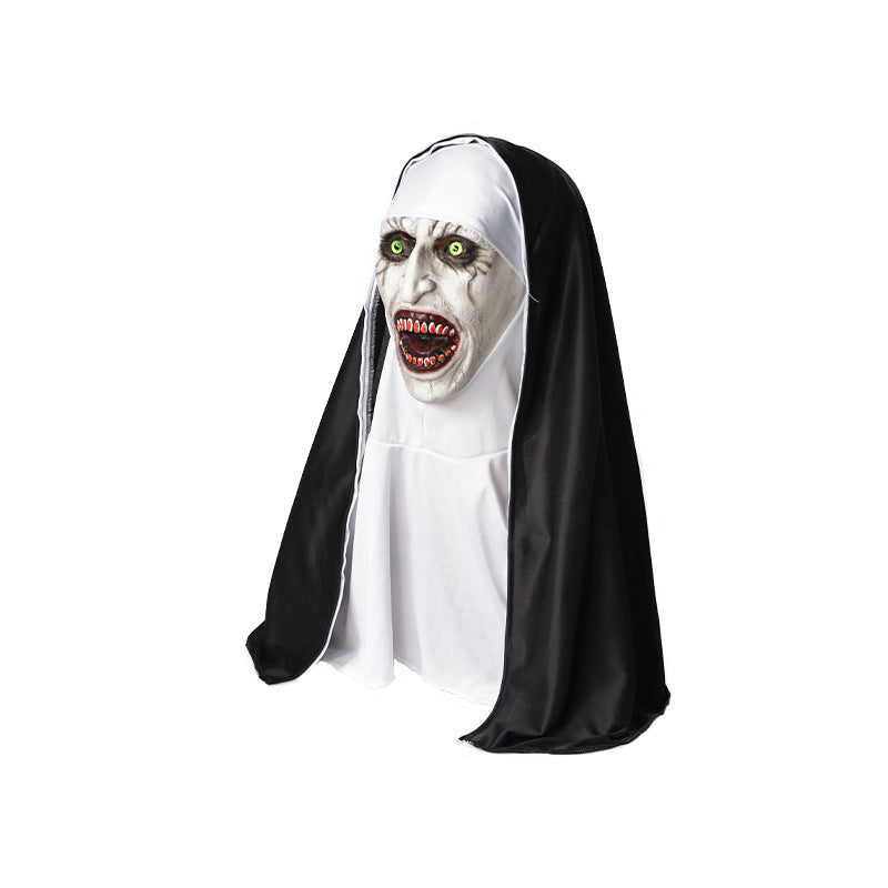 Horror mask Nun made of latex with realistic facial profiling and fabric hood