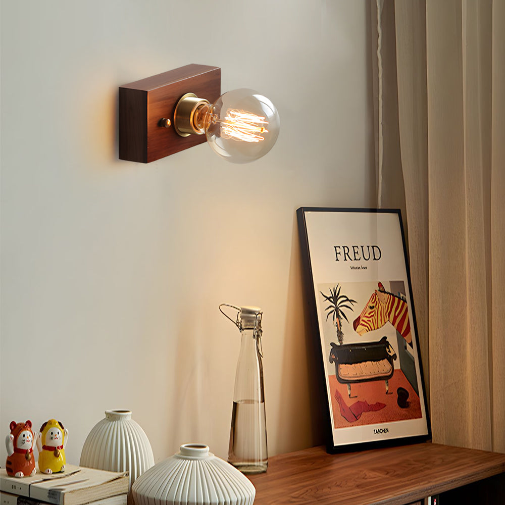 Round/Square Vintage Walnut Wood Wall Lamp 1-light with Pull Chain Switch | Noxord