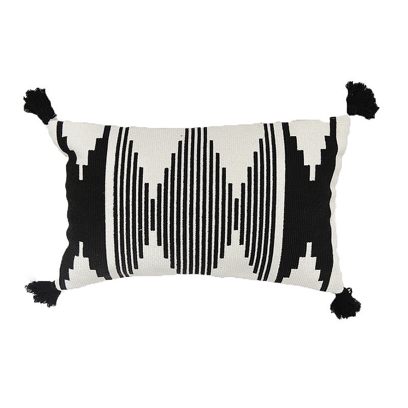 Rectangular Jacquard lumbar cushion cover with geometric ethnic relief and decorative tassels Kalsten