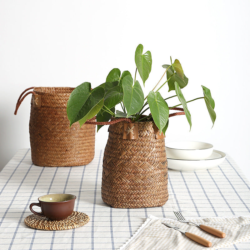 Unisex Handwoven Storage Basket with Leather Handles Kalsten