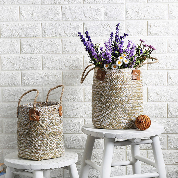Unisex Handwoven Storage Basket with Leather Handles Kalsten