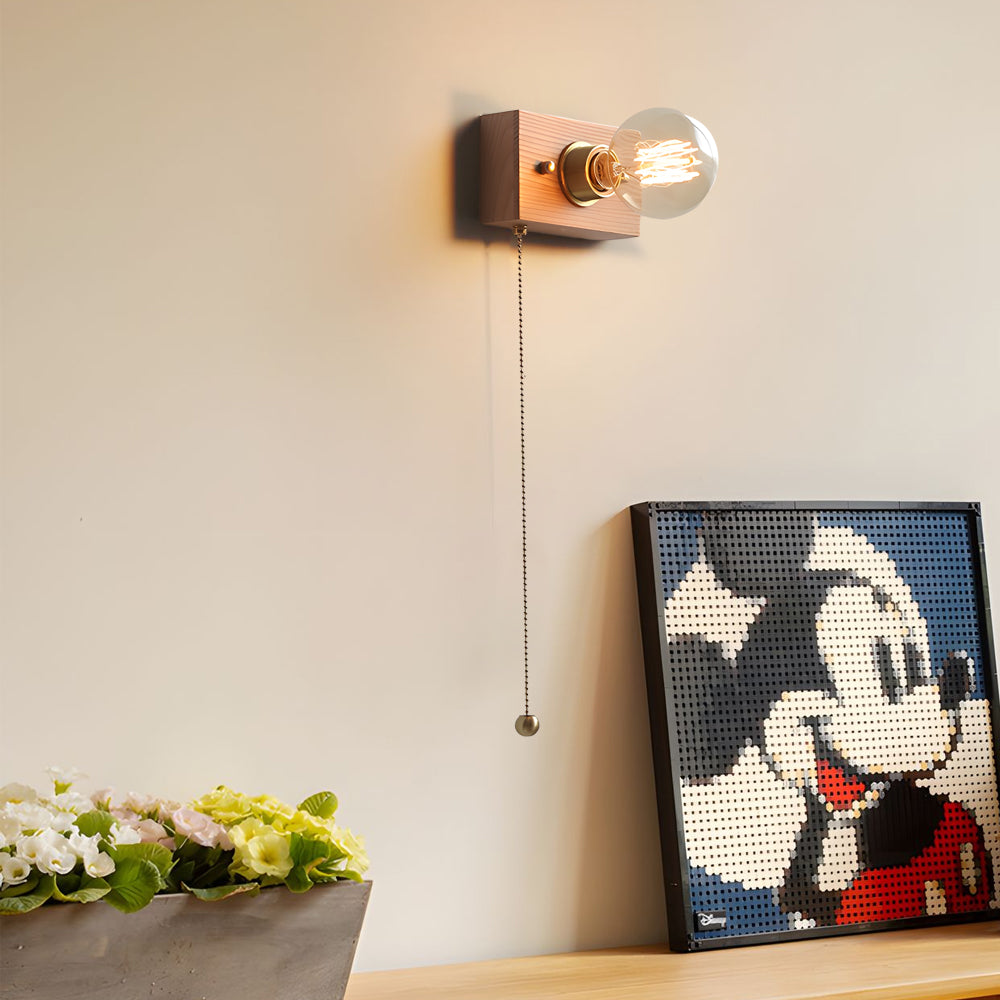 Round/Square Vintage Walnut Wood Wall Lamp 1-light with Pull Chain Switch | Noxord