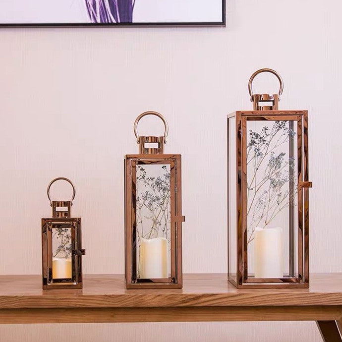 Stainless-Steel Glass Panel Rectangular Lanterns with Ring Handles and Hinged Door Kalsten