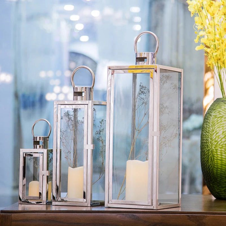Stainless-Steel Glass Panel Rectangular Lanterns with Ring Handles and Hinged Door Kalsten
