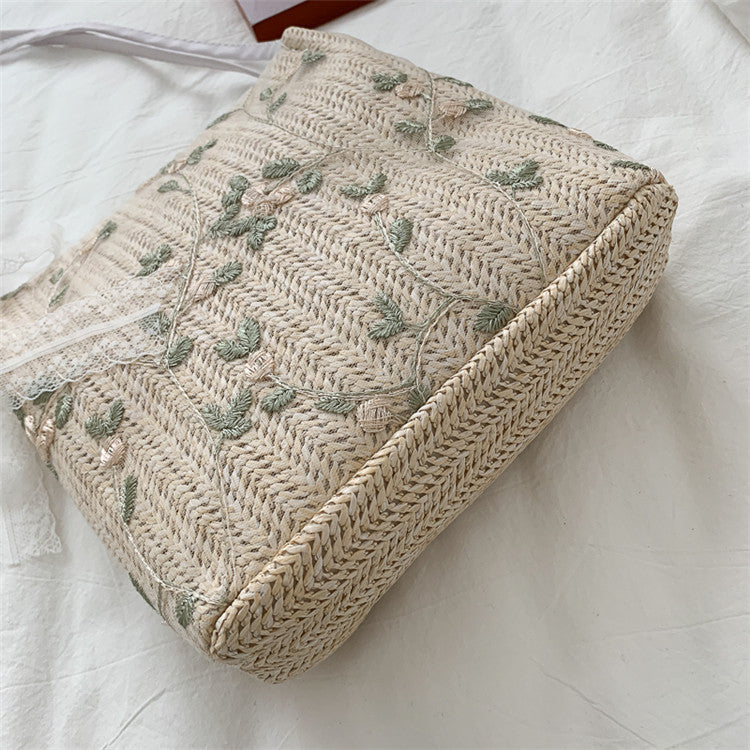 Embroidered Straw Tote Bag