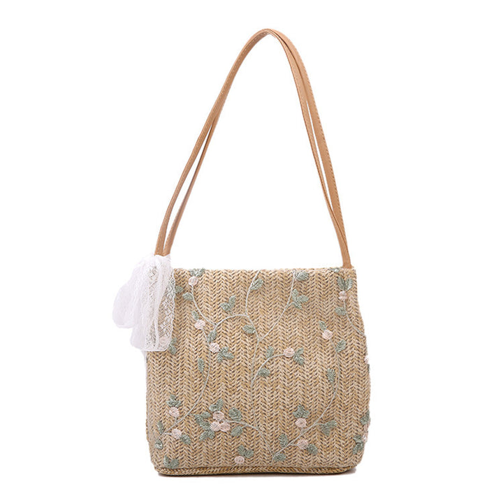Embroidered Straw Tote Bag