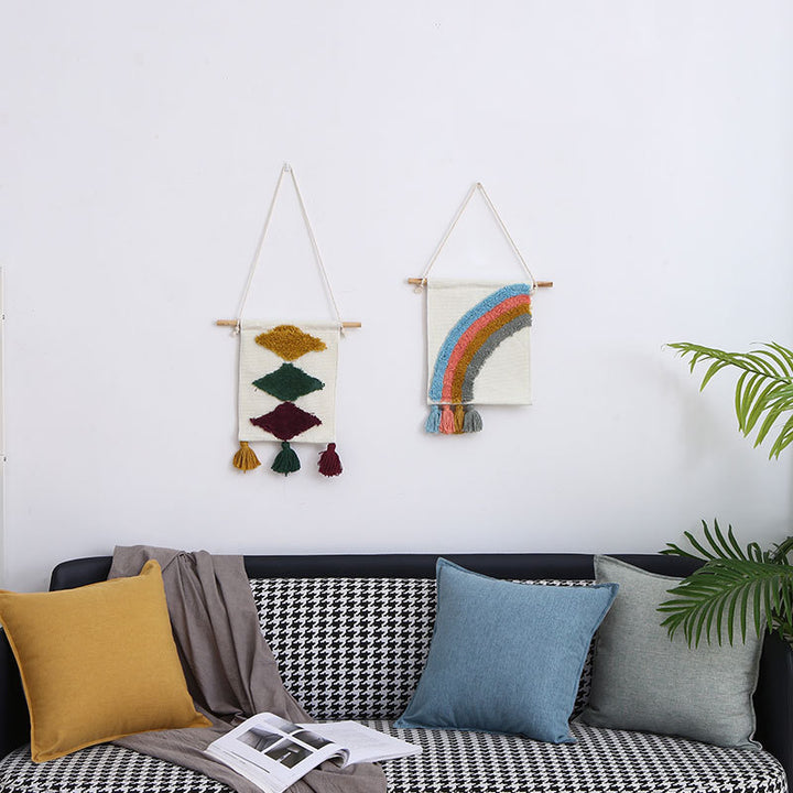 Woven wall hanging with hand-tufted rainbow design, cotton blend and decorative tassels Kalsten