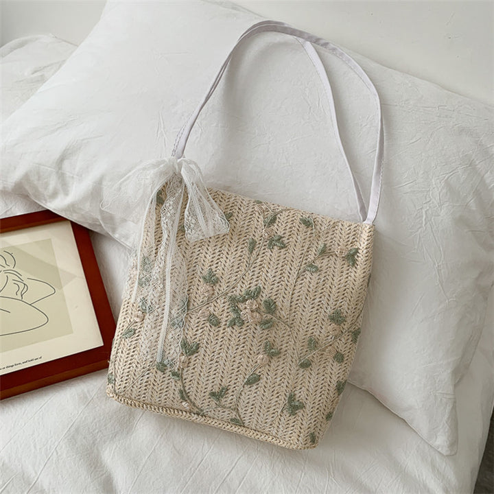 Embroidered Straw Tote Bag