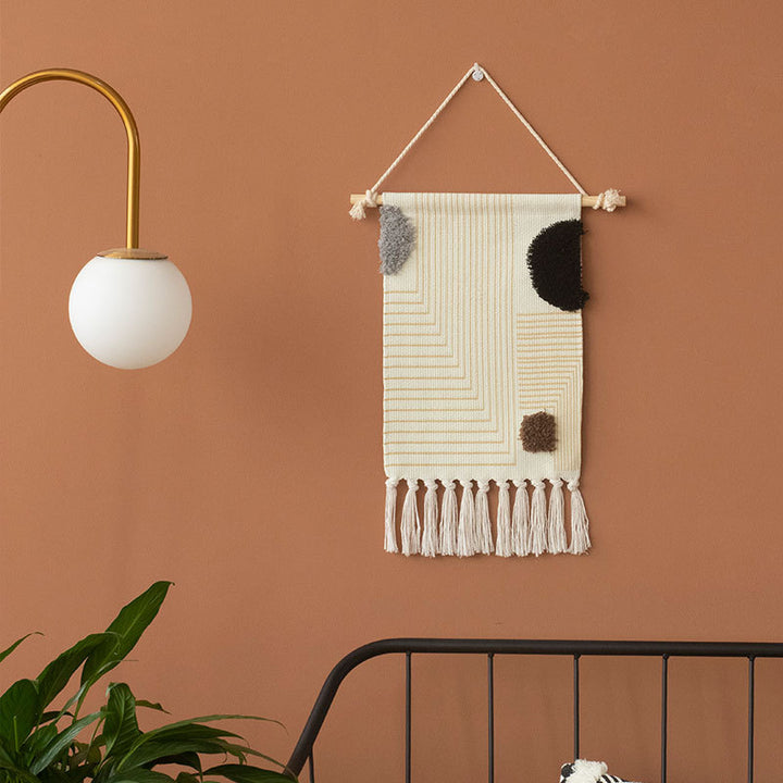 Woven Boho Wall Hanging with Ethno Diamond Pattern, Cotton Fringes and Wood Stick Kalsten