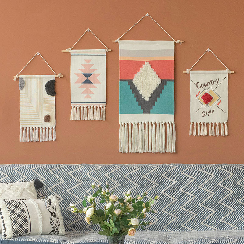 Woven Boho Wall Hanging with Ethno Diamond Pattern, Cotton Fringes and Wood Stick Kalsten