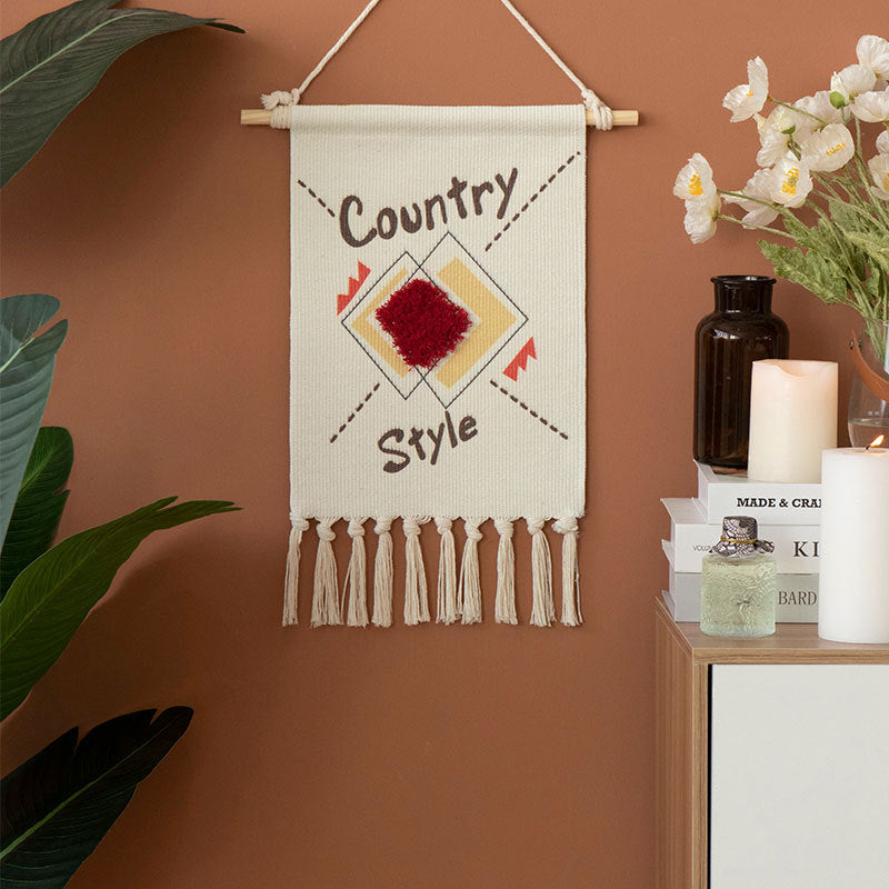 Woven Boho Wall Hanging with Ethno Diamond Pattern, Cotton Fringes and Wood Stick Kalsten
