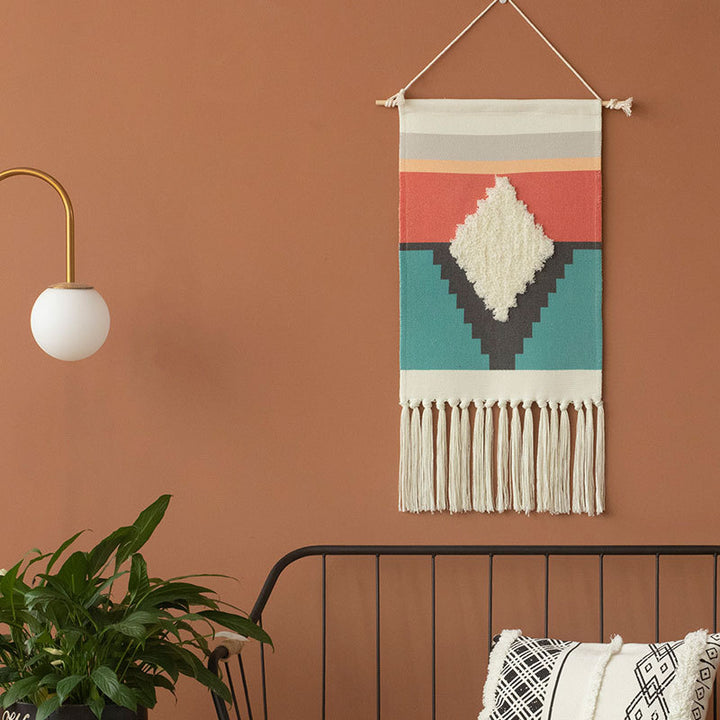 Woven Boho Wall Hanging with Ethno Diamond Pattern, Cotton Fringes and Wood Stick Kalsten