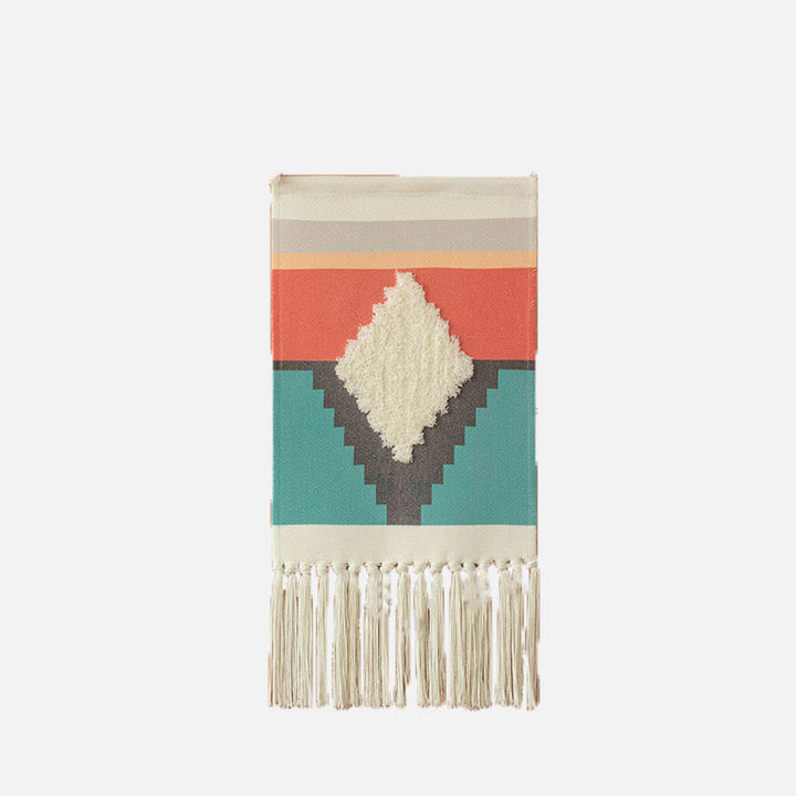 Woven Boho Wall Hanging with Ethno Diamond Pattern, Cotton Fringes and Wood Stick Kalsten