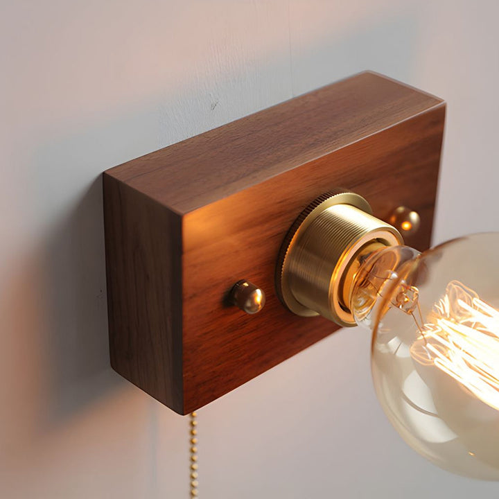 Round/Square Vintage Walnut Wood Wall Lamp 1-light with Pull Chain Switch | Noxord