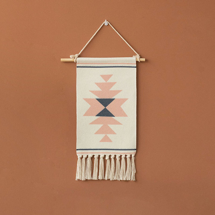 Woven Boho Wall Hanging with Ethno Diamond Pattern, Cotton Fringes and Wood Stick Kalsten
