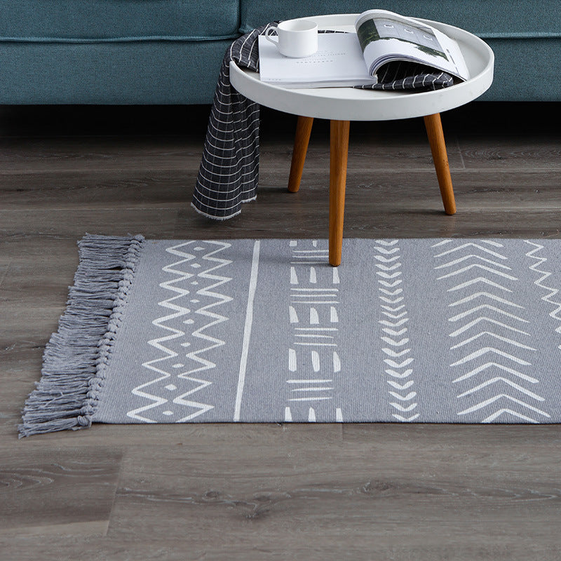 Flat-woven cotton runner with Boho-Ethno motif and decorative fringes Kalsten