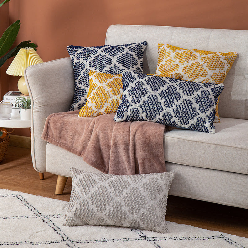 Decorative square cushion cover made of cotton-linen with tufted stripes and bouclé accents