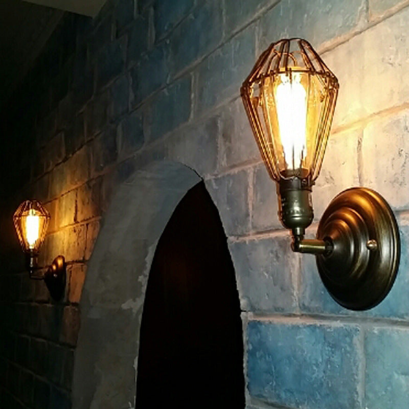 1 Light Mini Caged Wall Lamp Rustic Stylish Weathered Brass Iron Wall Sconce Lighting for Dining Room | Kalsten