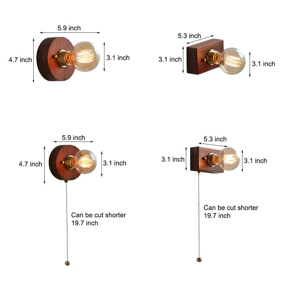 Round/Square Vintage Walnut Wood Wall Lamp 1-light with Pull Chain Switch | Noxord