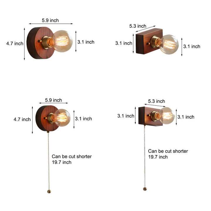 Round/Square Vintage Walnut Wood Wall Lamp 1-light with Pull Chain Switch | Noxord