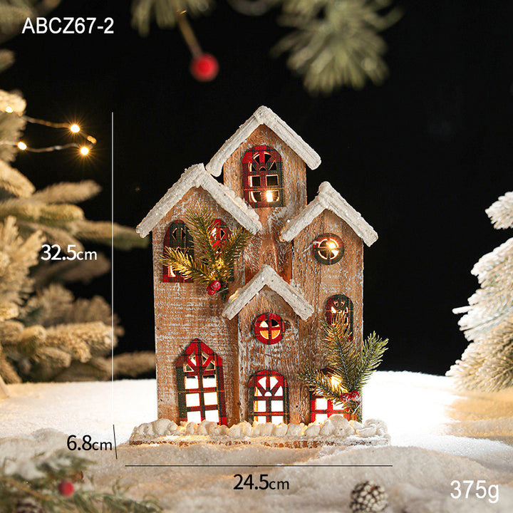 Illuminated wooden snow house in retro style