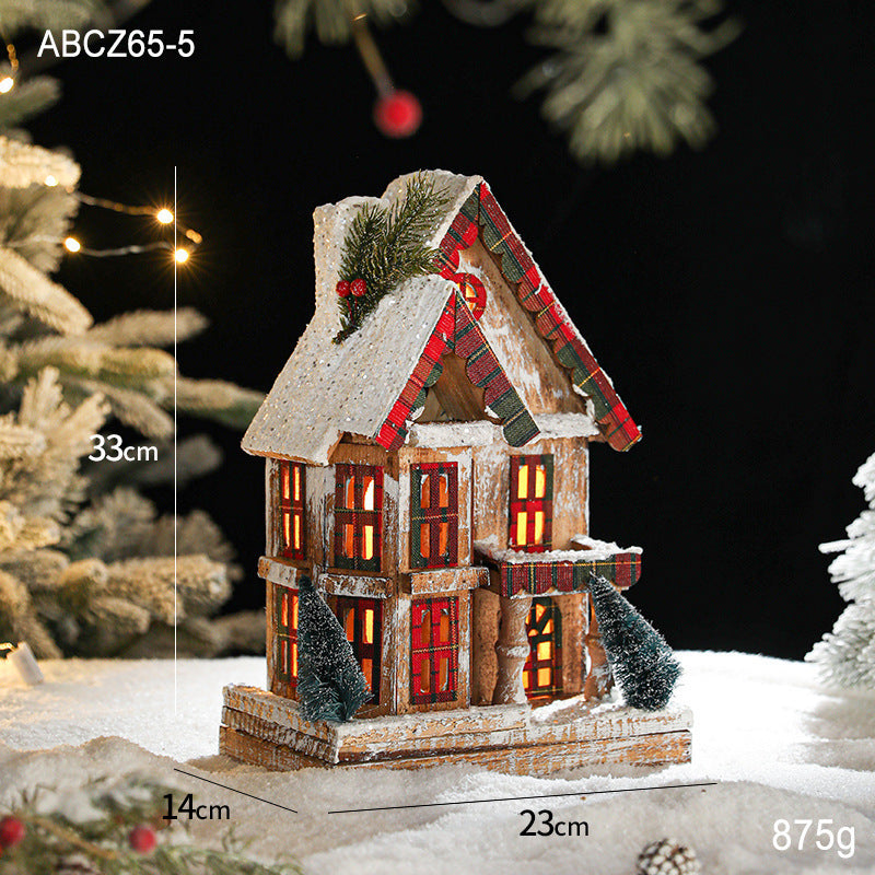 Illuminated wooden snow house in retro style