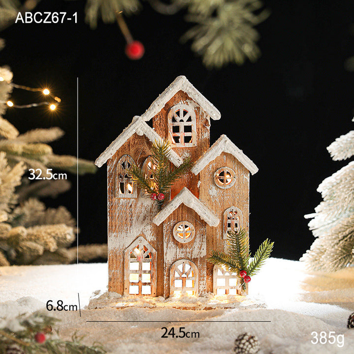 Illuminated wooden snow house in retro style