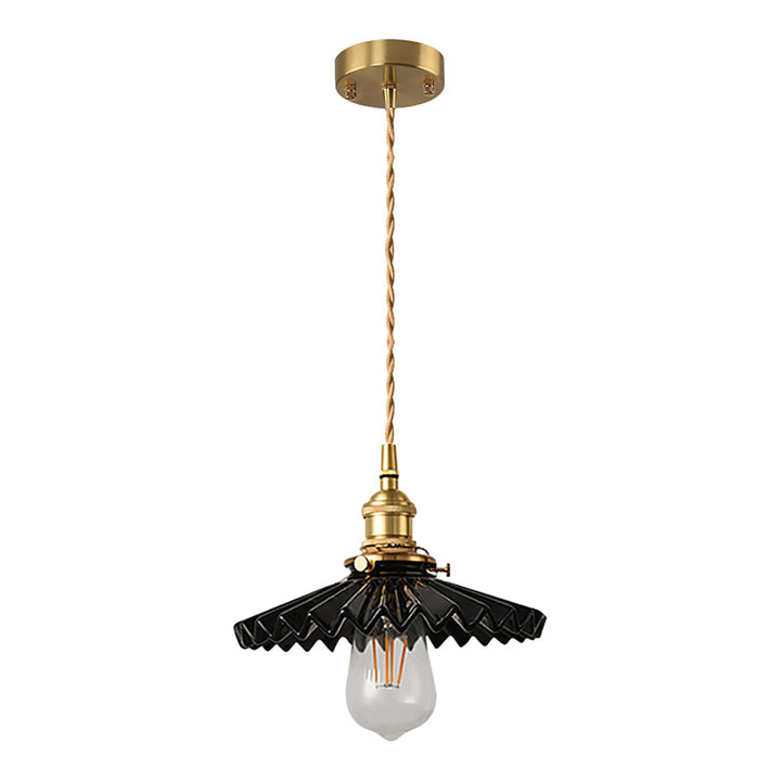 Vintage ceramic pendant lamp with pleated design – brass LED pendant light for dining room and living room | Noxord