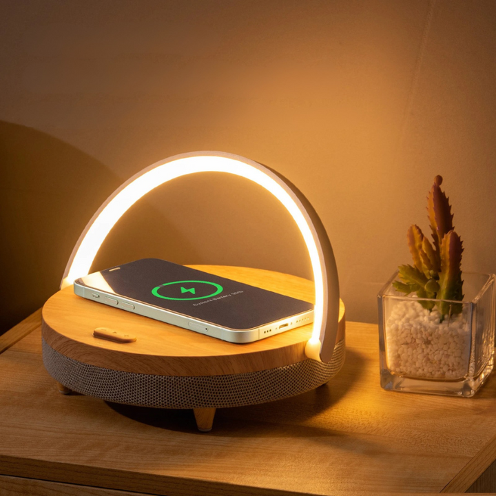 Multifunctional Wooden Table Lamp with Bluetooth Speaker & Wireless Charger | Kalsten