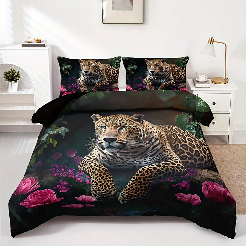 Luxurious Animal Print Bedding Set with Rose Pattern - 3-piece Noxord