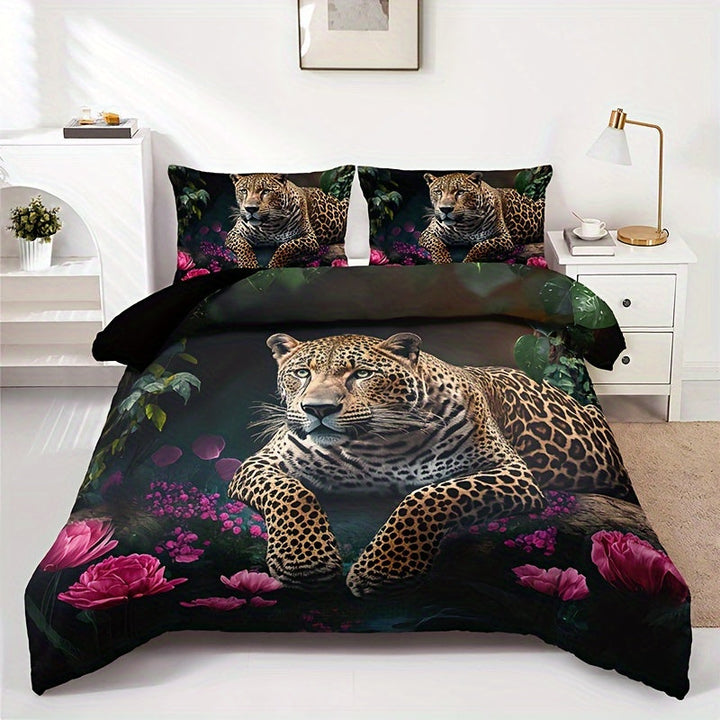 Luxurious Animal Print Bedding Set with Rose Pattern - 3-piece Noxord
