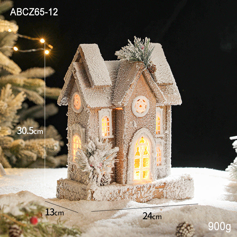 Illuminated wooden snow house in European style