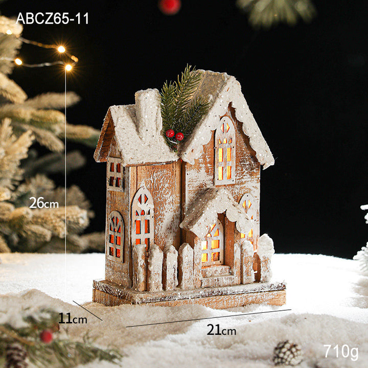 Illuminated wooden snow house in retro style