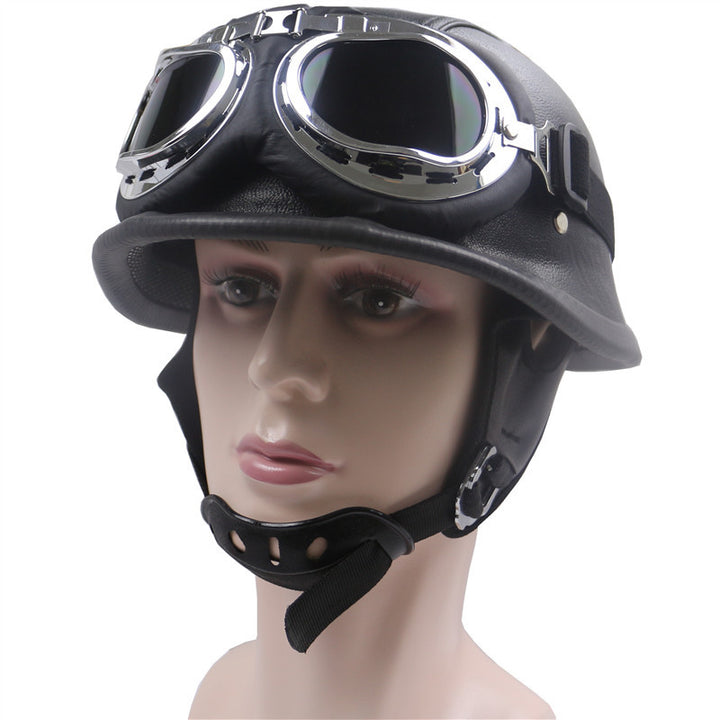 Vintage Leather Motorcycle Helmet with Chrome Goggles Kalsten