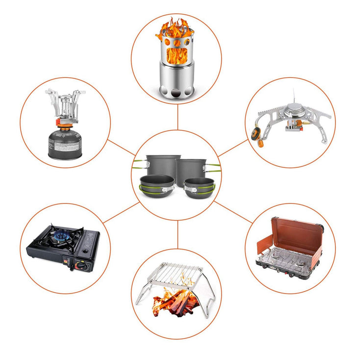 lightweight portable camping cookware and compact backpacking stove set with nonstick nesting pots folding handles stainless steel cup and nesting utensils Kalsten