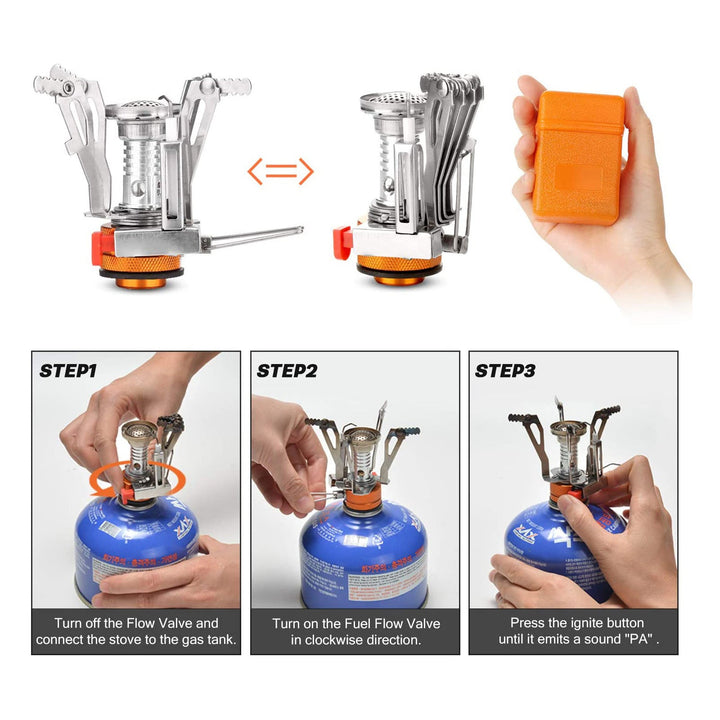 lightweight portable camping cookware and compact backpacking stove set with nonstick nesting pots folding handles stainless steel cup and nesting utensils Kalsten