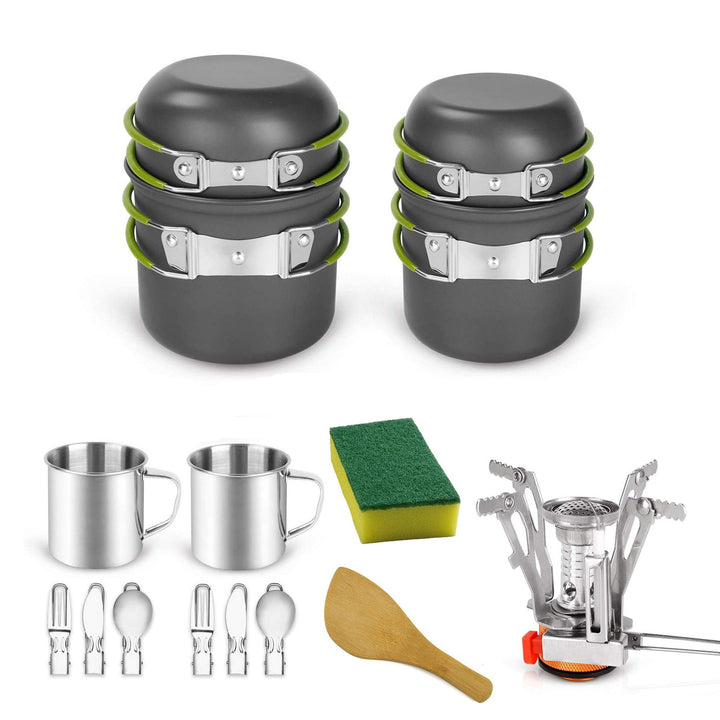 lightweight portable camping cookware and compact backpacking stove set with nonstick nesting pots folding handles stainless steel cup and nesting utensils Kalsten