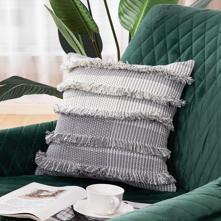 Square cushion cover with striped tufted look and fringe borders