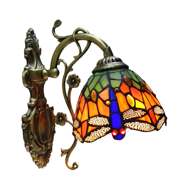 Hand-cut Glass Dragonfly Wall Lamp Tiffany Style 1 Light Wall Mounted Light Fixture with Carved Backplate | Kalsten