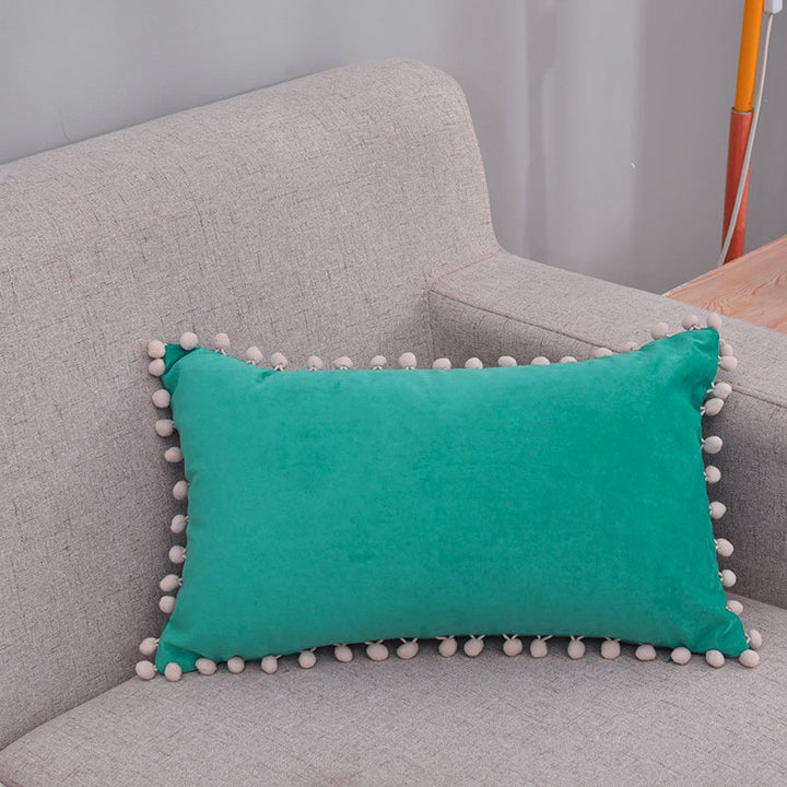 Rectangular Pom-Pom Trim Lumbar Pillow Cover Cotton-Linen Blend with Hidden Zipper