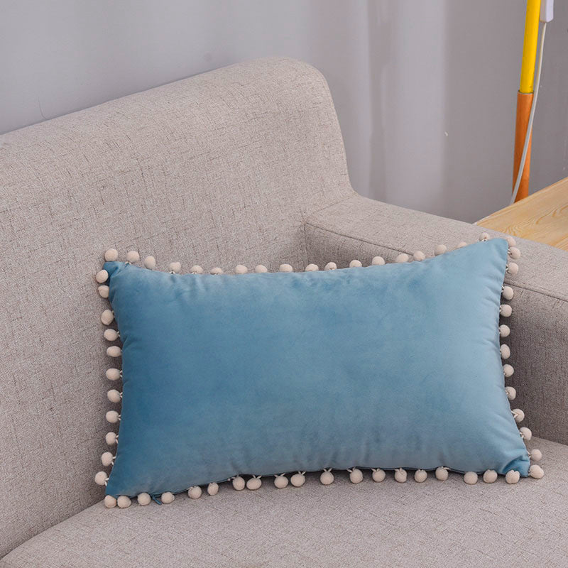 Rectangular Pom-Pom Trim Lumbar Pillow Cover Cotton-Linen Blend with Hidden Zipper